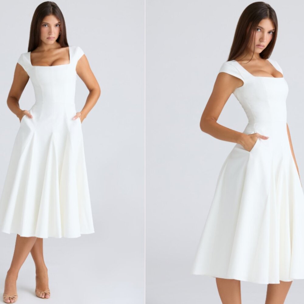 HOUSE OF CB 'Raisa' White Square Neck Twill Midi Dress NWOT - Picture 1 of 5